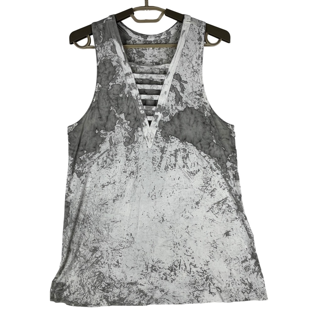 American Eagle Tank Top Womens Large Grey Acid Wash Cage V-Neck Racerback
